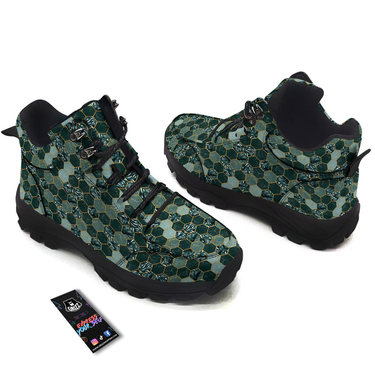 Marble Hexagon Green Tropical Print Pattern Hiking Shoes-grizzshop