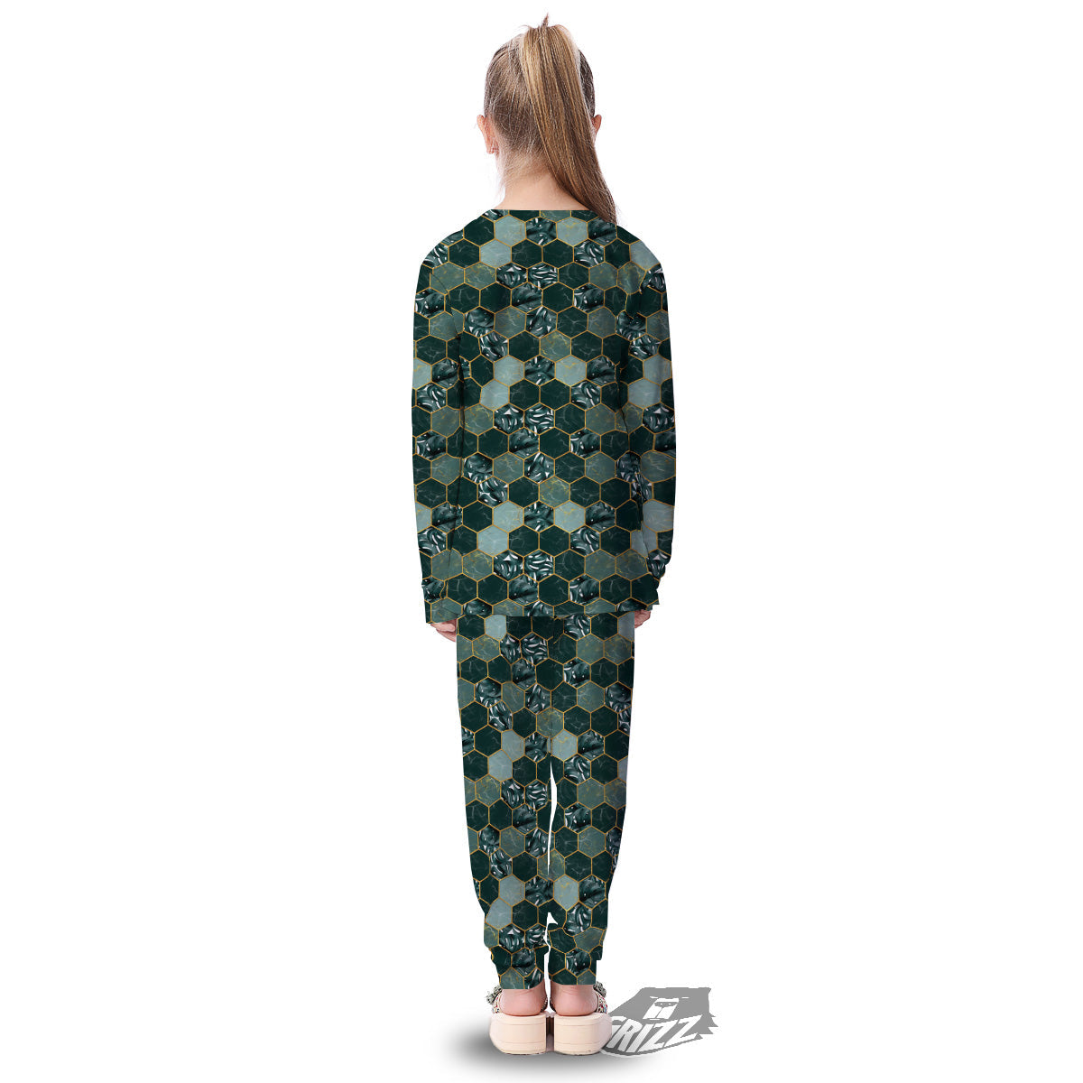 Marble Hexagon Green Tropical Print Pattern Kid's Pajamas-grizzshop