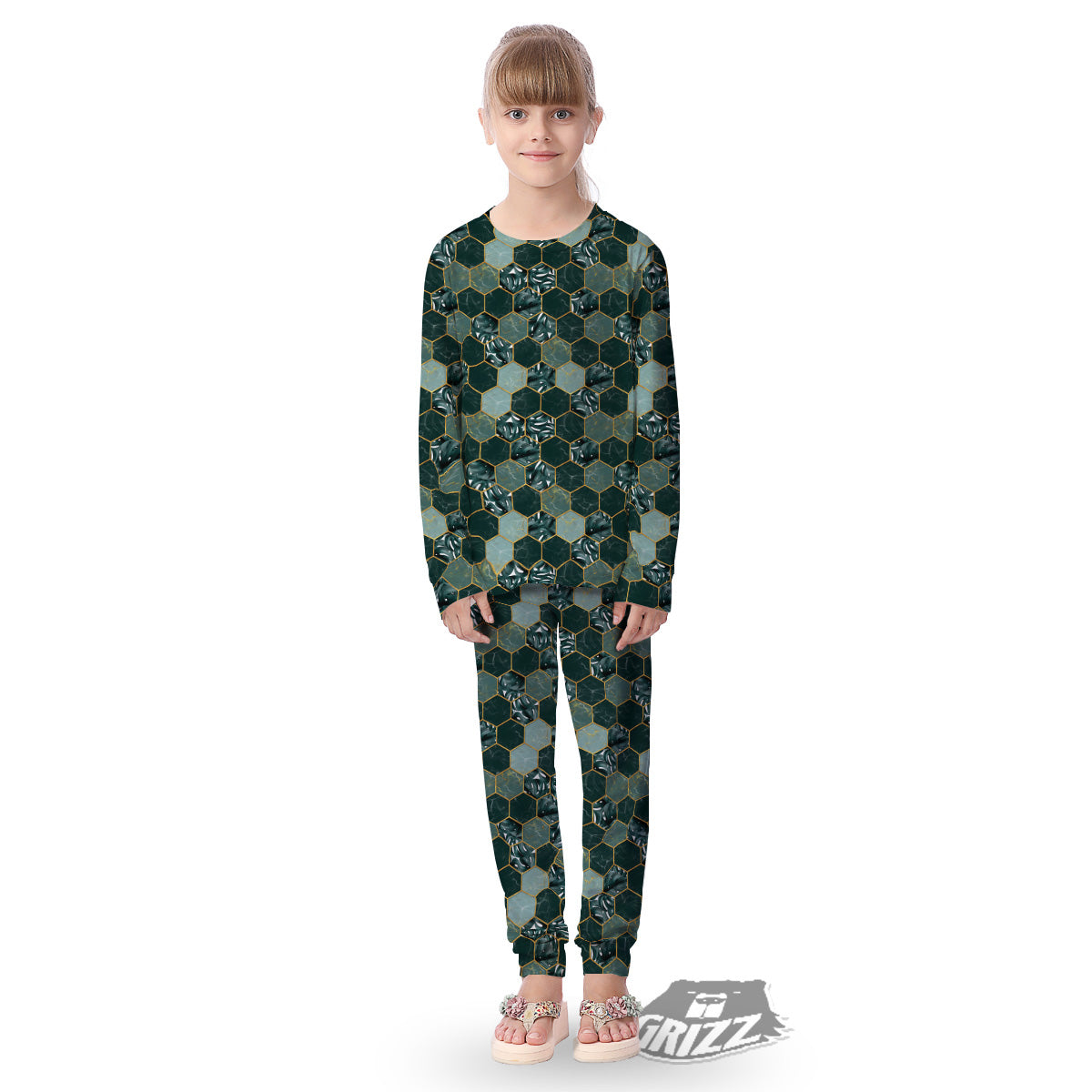 Marble Hexagon Green Tropical Print Pattern Kid's Pajamas-grizzshop