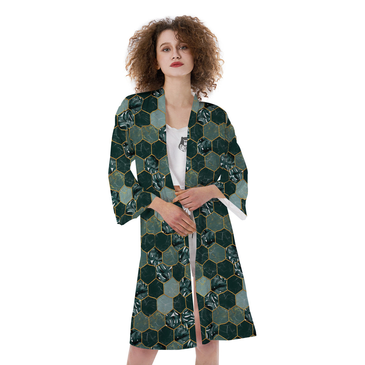 Marble Hexagon Green Tropical Print Pattern Kimono-grizzshop