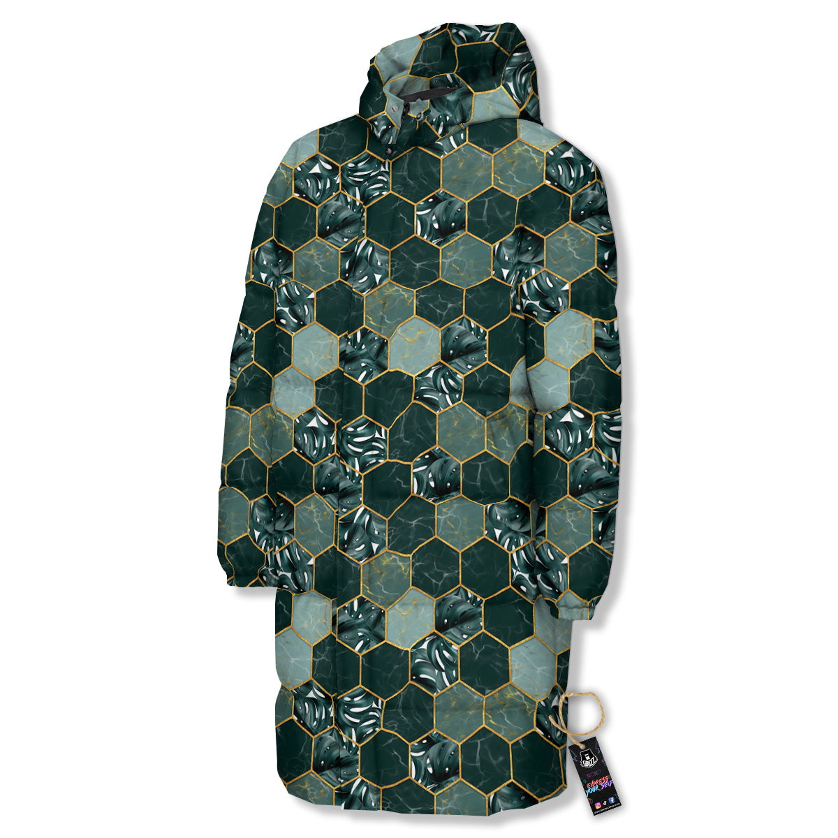 Marble Hexagon Green Tropical Print Pattern Long Down Jacket-grizzshop