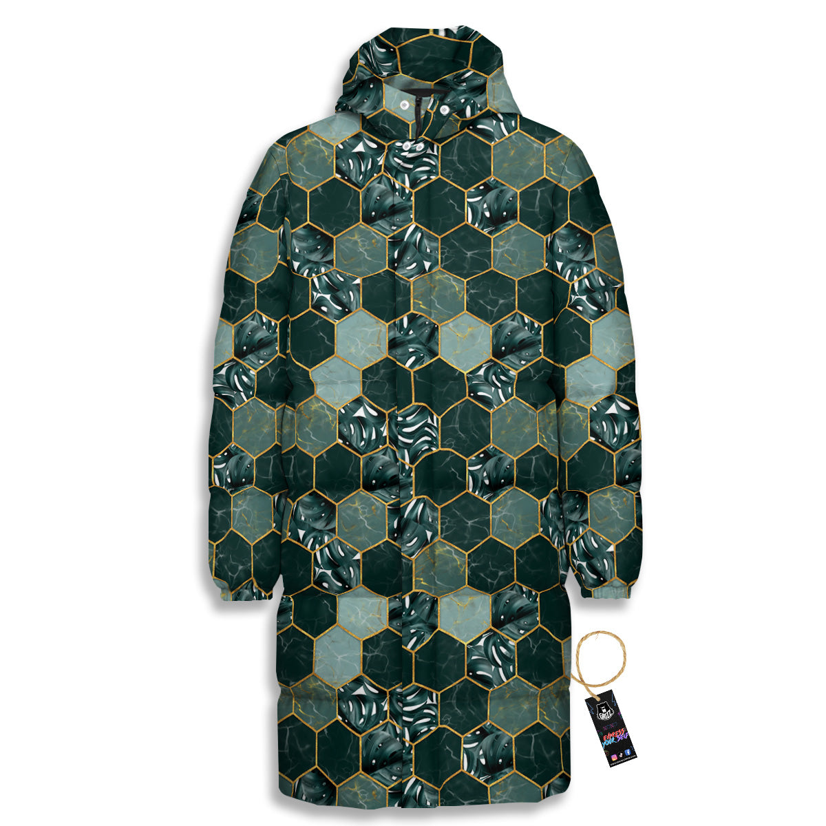 Marble Hexagon Green Tropical Print Pattern Long Down Jacket-grizzshop