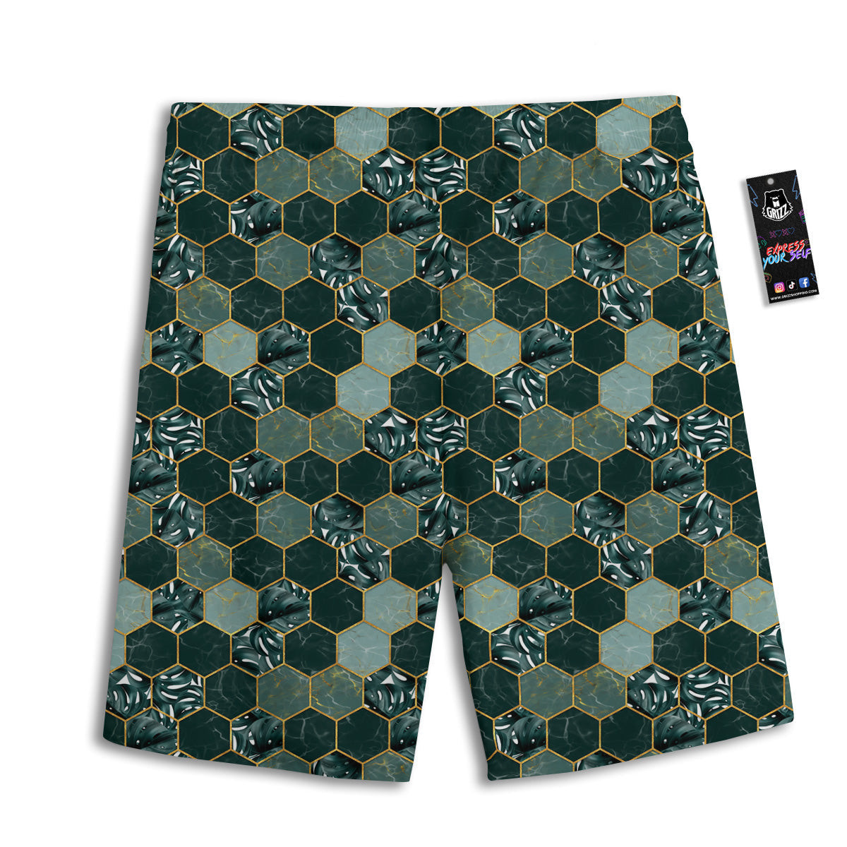 Marble Hexagon Green Tropical Print Pattern Men's Athletic Shorts
