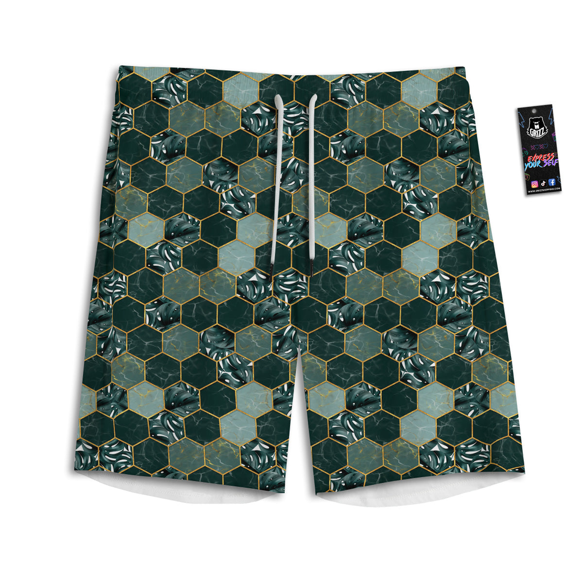 Marble Hexagon Green Tropical Print Pattern Men's Athletic Shorts