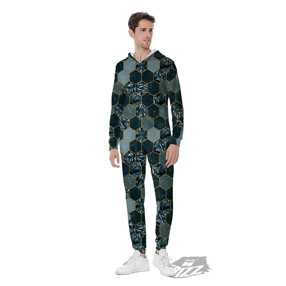 Marble Hexagon Green Tropical Print Pattern Men's Jumpsuit-grizzshop