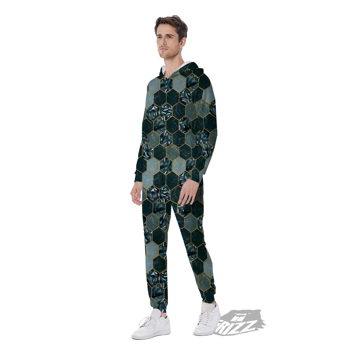 Marble Hexagon Green Tropical Print Pattern Men's Jumpsuit-grizzshop