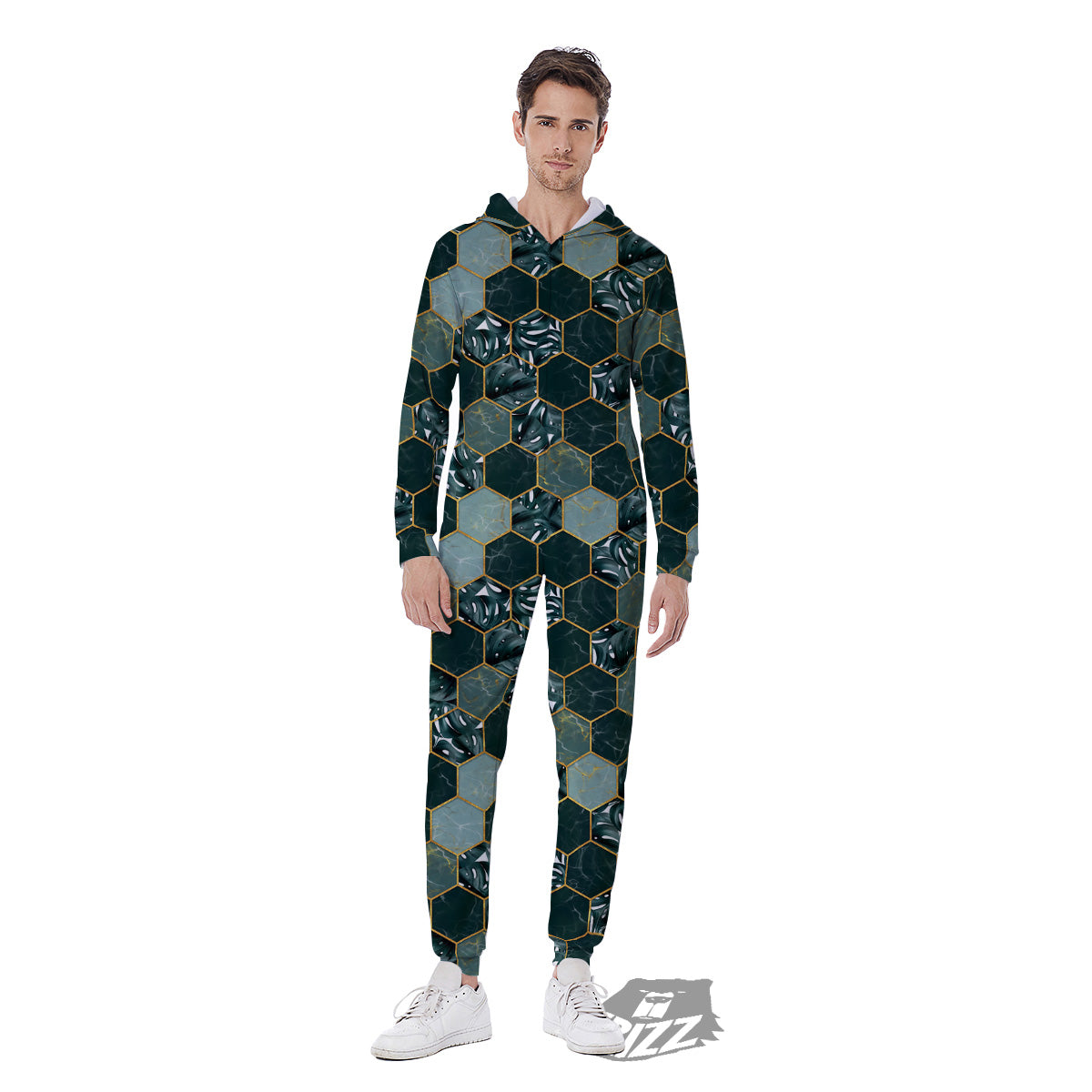 Marble Hexagon Green Tropical Print Pattern Men's Jumpsuit-grizzshop