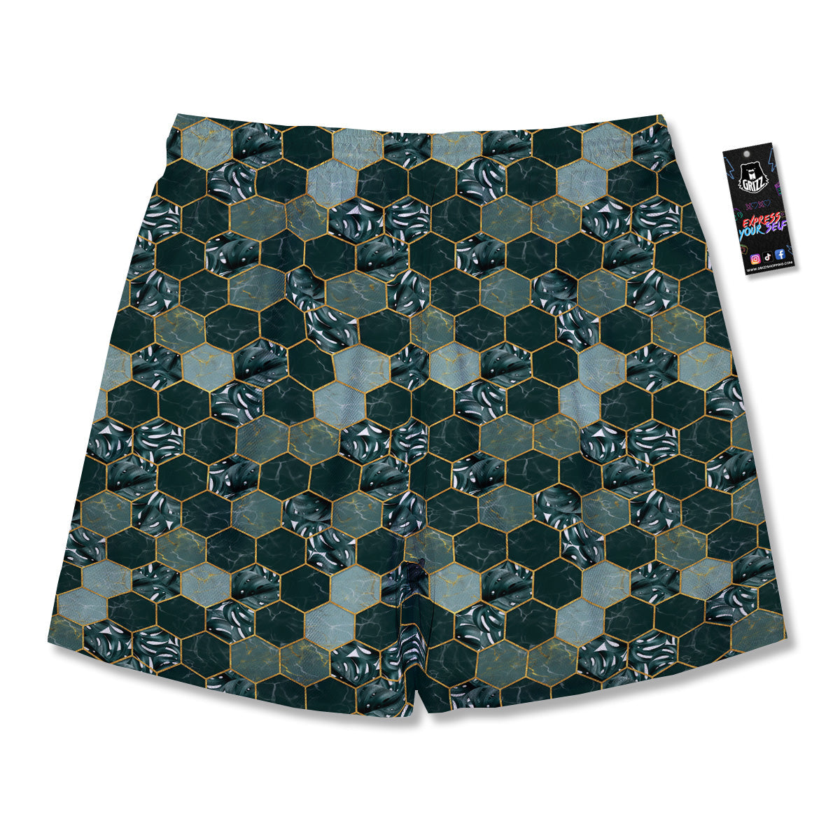Marble Hexagon Green Tropical Print Pattern Men's Running Shorts-grizzshop