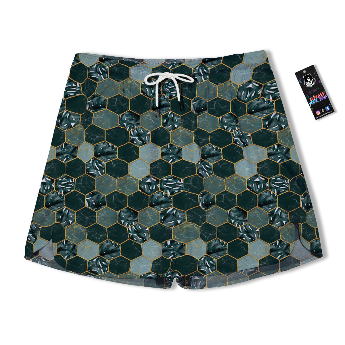 Marble Hexagon Green Tropical Print Pattern Men's Running Shorts-grizzshop