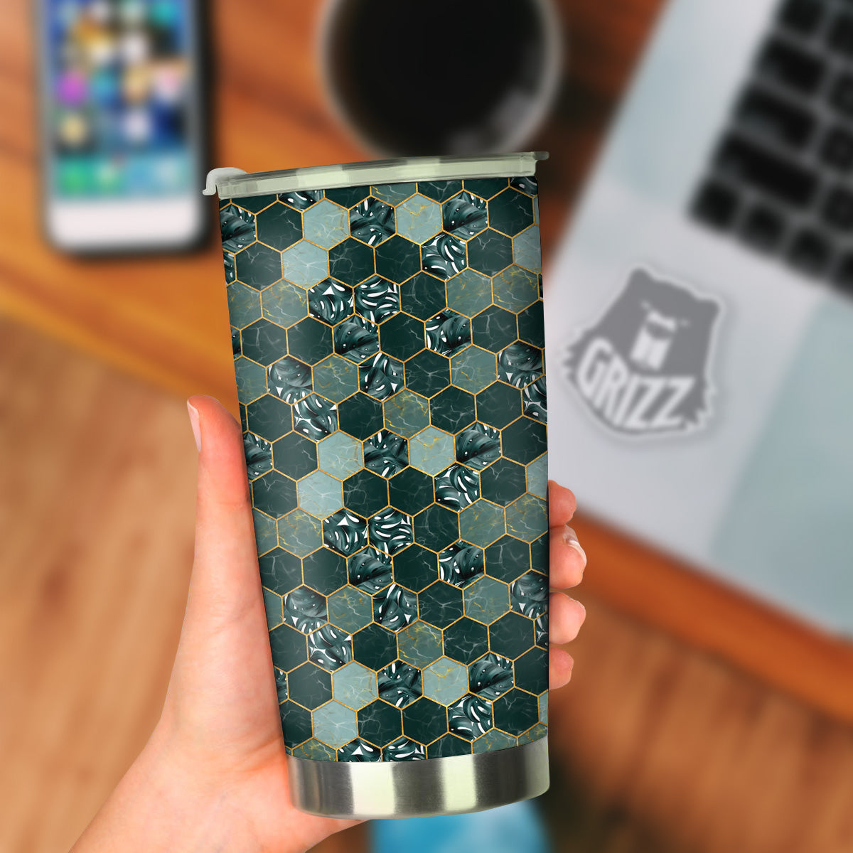 Marble Hexagon Green Tropical Print Pattern Tumbler-grizzshop