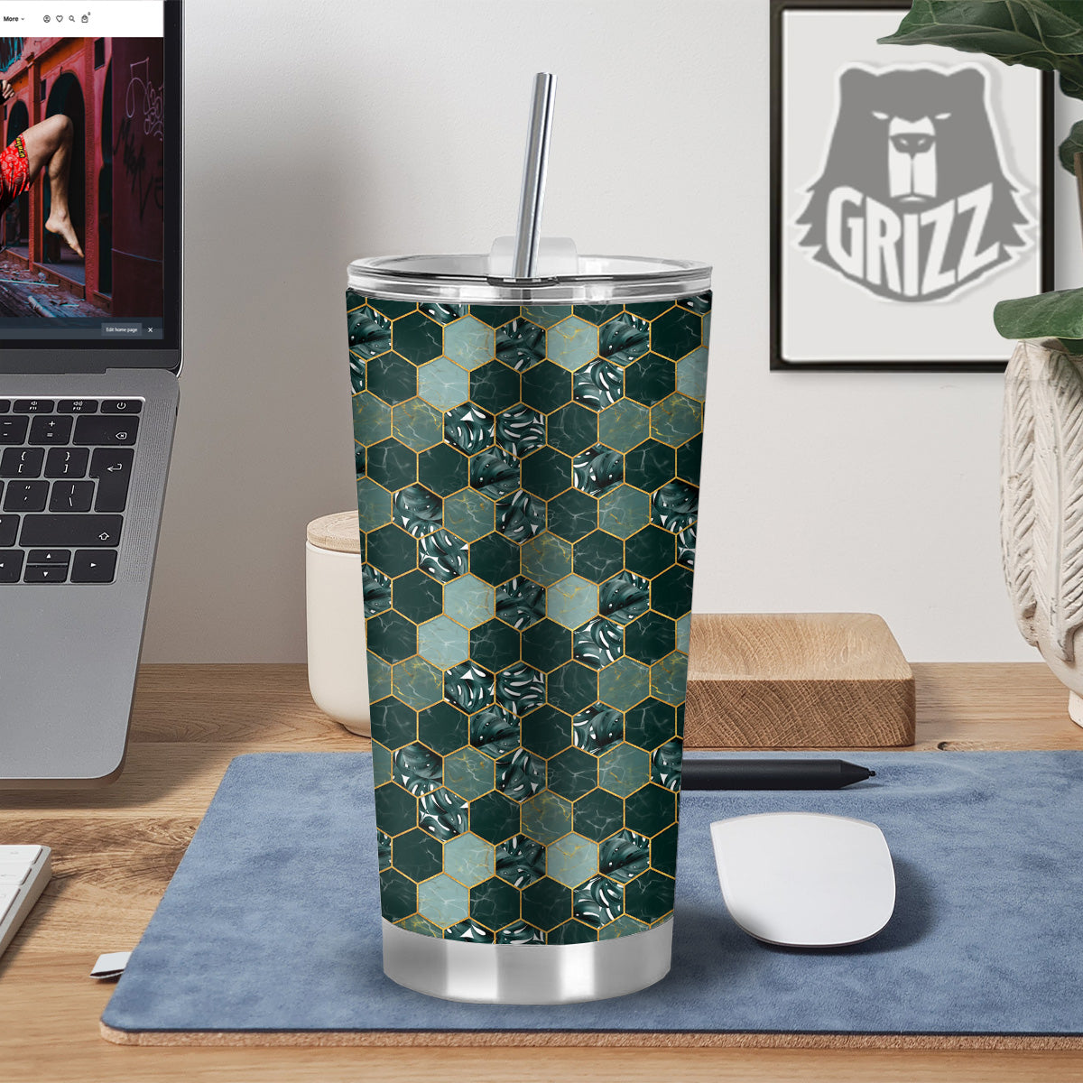 Marble Hexagon Green Tropical Print Pattern Tumbler-grizzshop