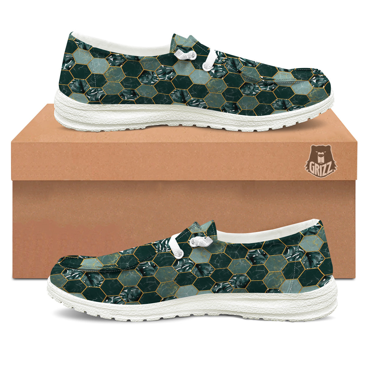 Marble Hexagon Green Tropical Print Pattern White Loafers-grizzshop