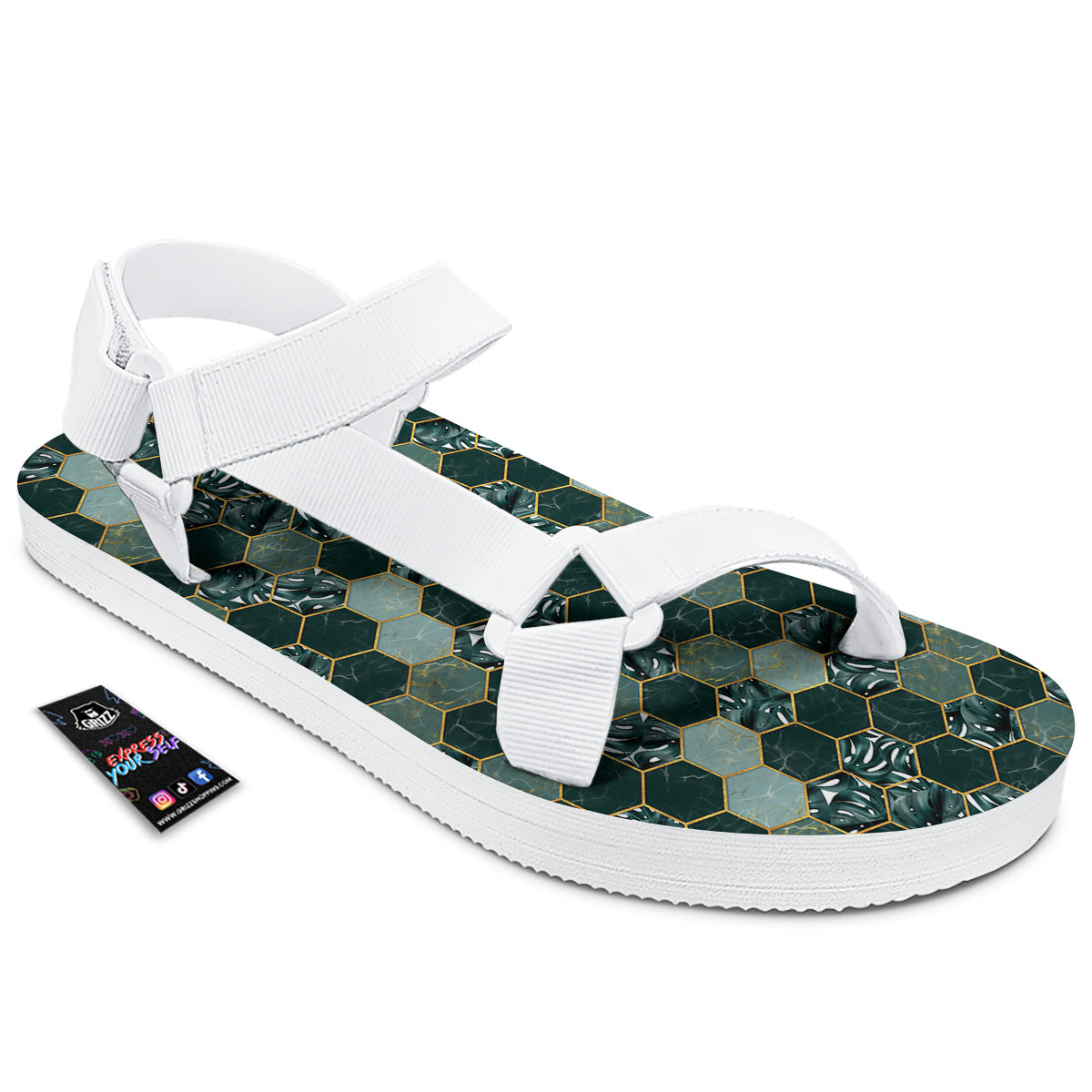 Marble Hexagon Green Tropical Print Pattern White Open Toe Sandals-grizzshop