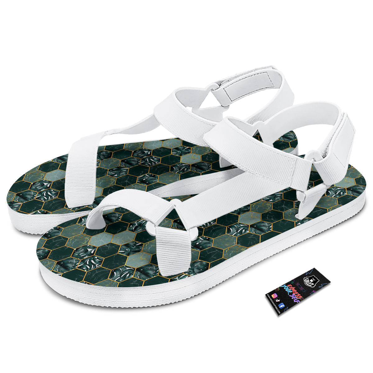 Marble Hexagon Green Tropical Print Pattern White Open Toe Sandals-grizzshop
