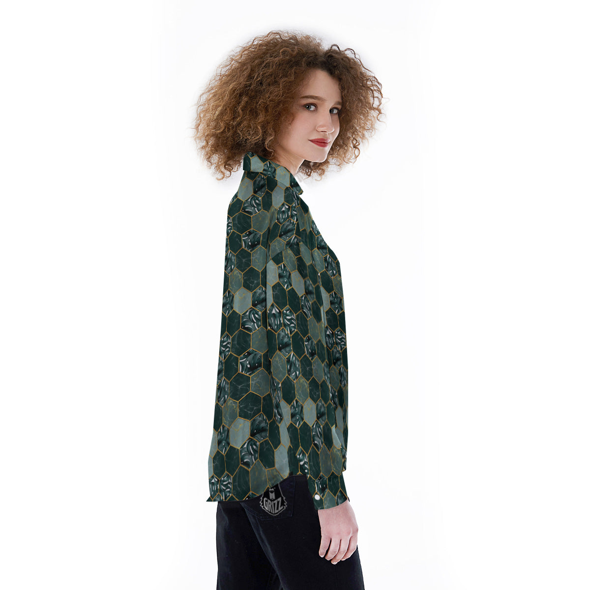 Marble Hexagon Green Tropical Print Pattern Women's Long Sleeve Shirts-grizzshop