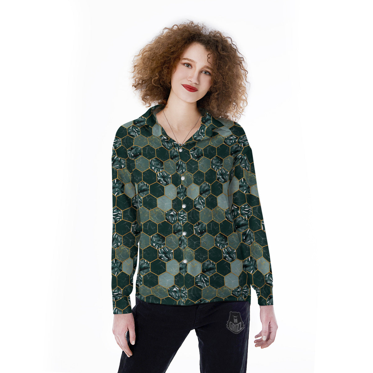 Marble Hexagon Green Tropical Print Pattern Women's Long Sleeve Shirts-grizzshop