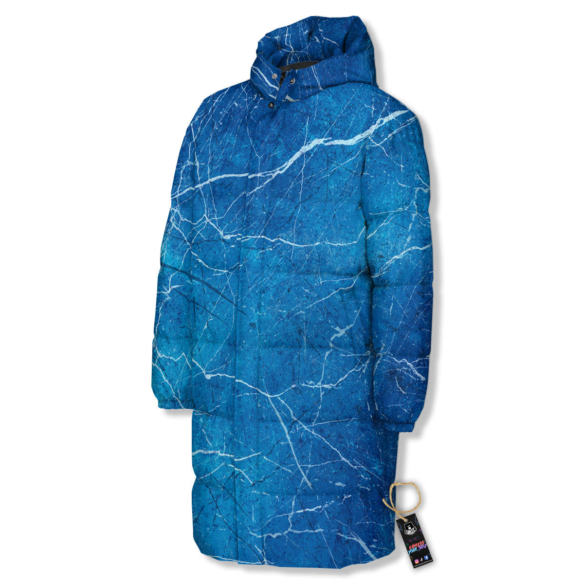 Marble Ice Blue Print Long Down Jacket-grizzshop