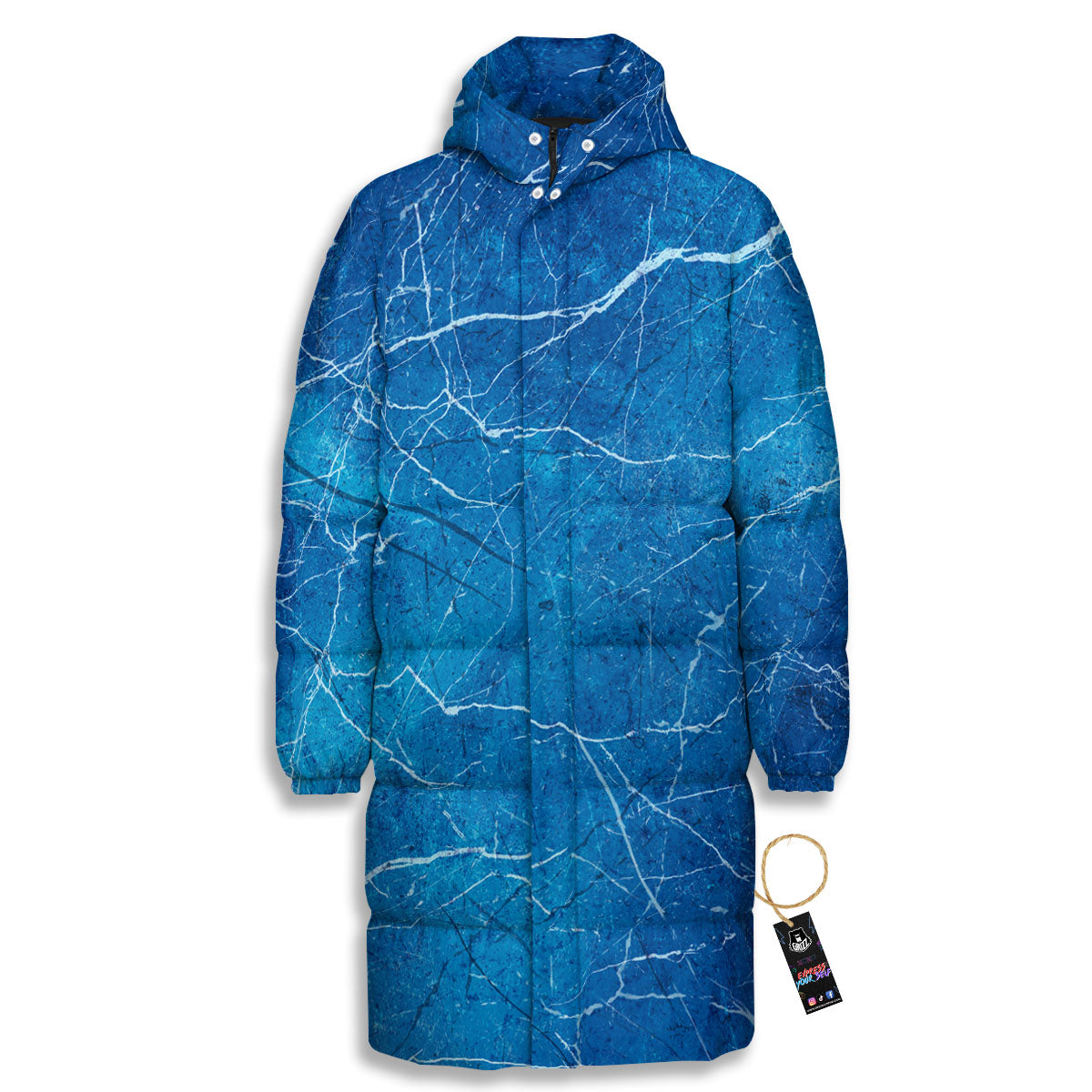 Marble Ice Blue Print Long Down Jacket-grizzshop