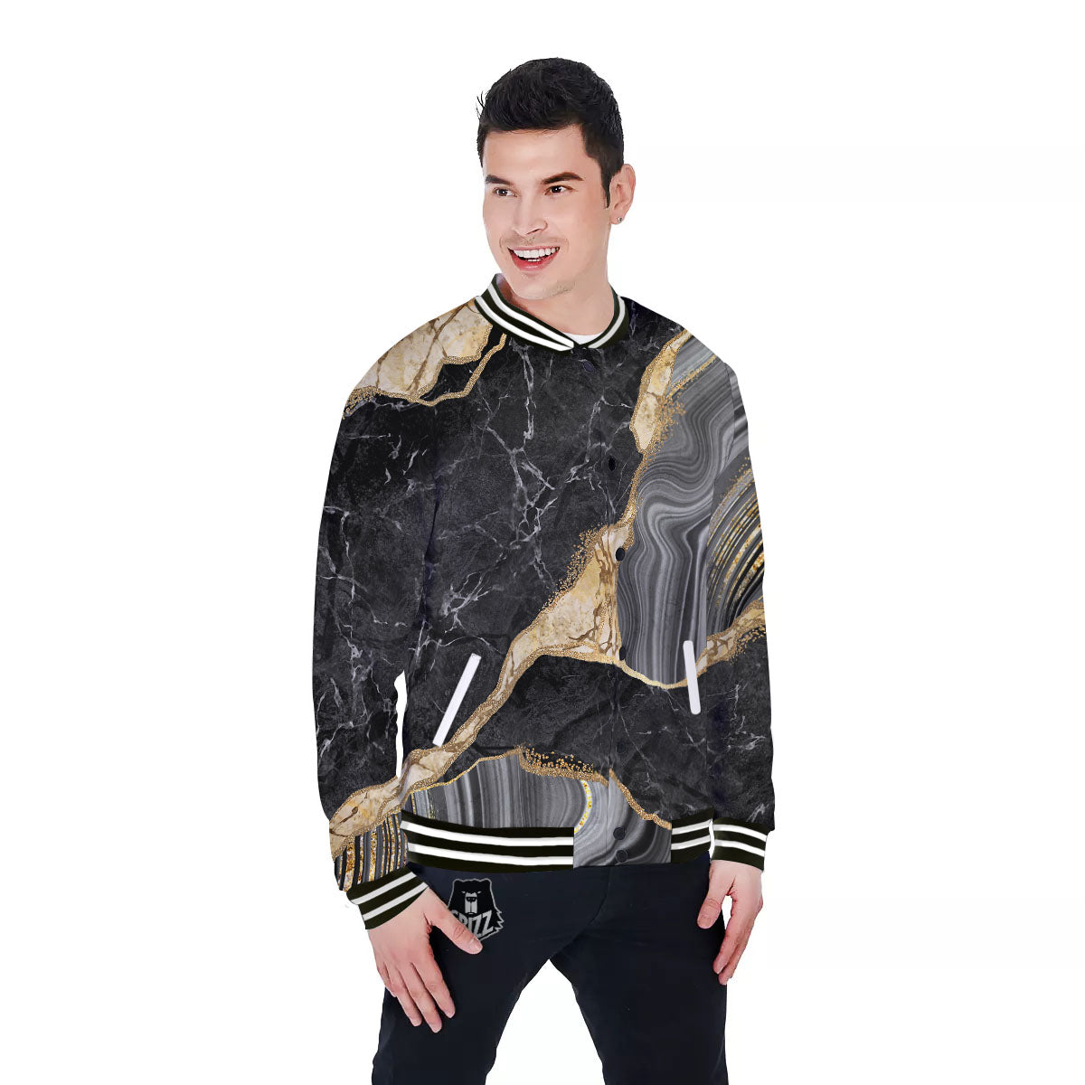 Marble Liquid Black Gold Print Baseball Jacket-grizzshop