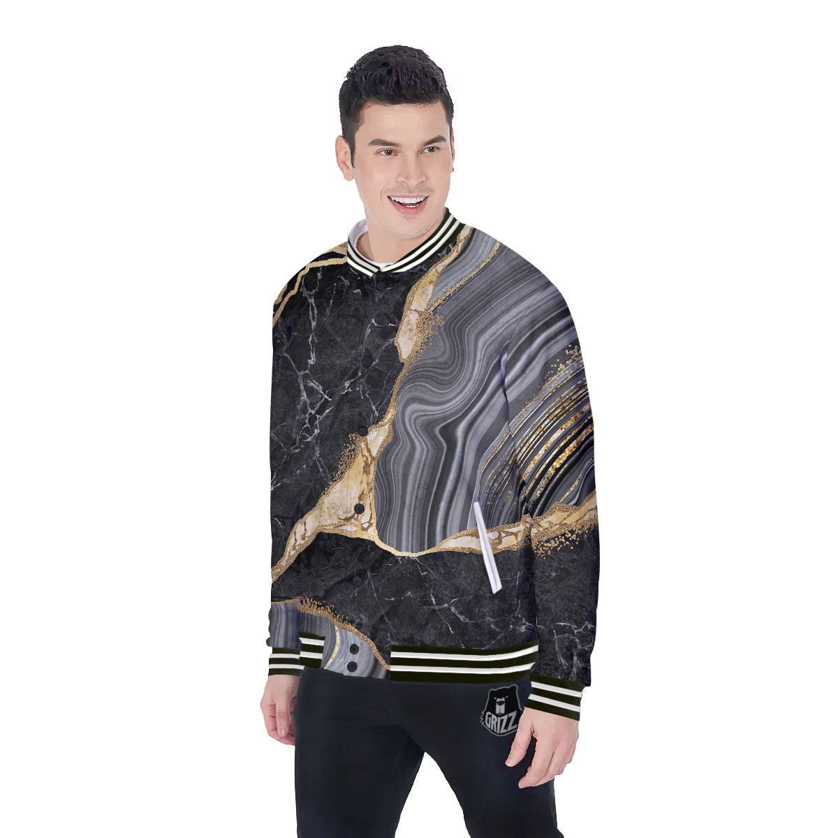 Marble Liquid Black Gold Print Baseball Jacket-grizzshop