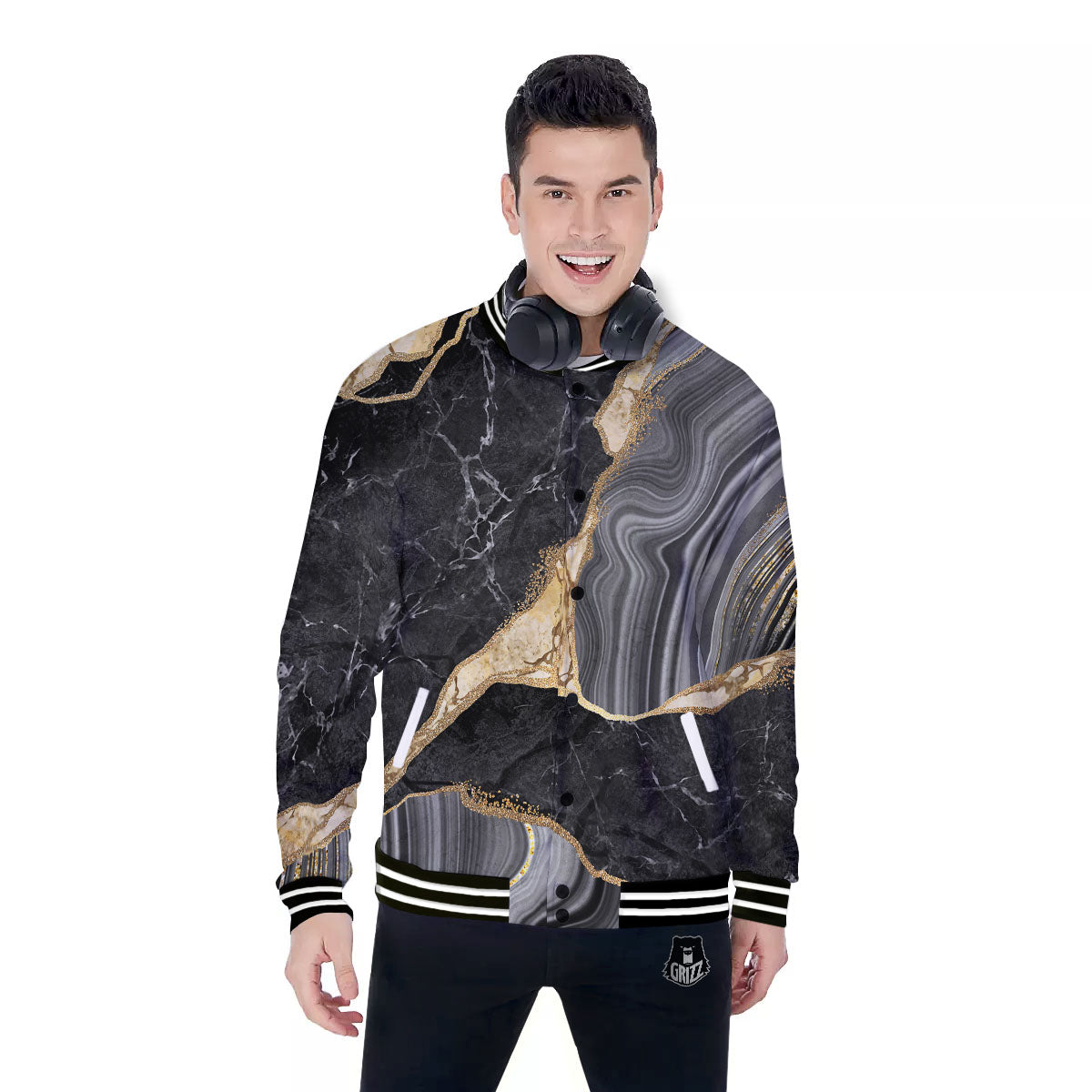 Marble Liquid Black Gold Print Baseball Jacket-grizzshop