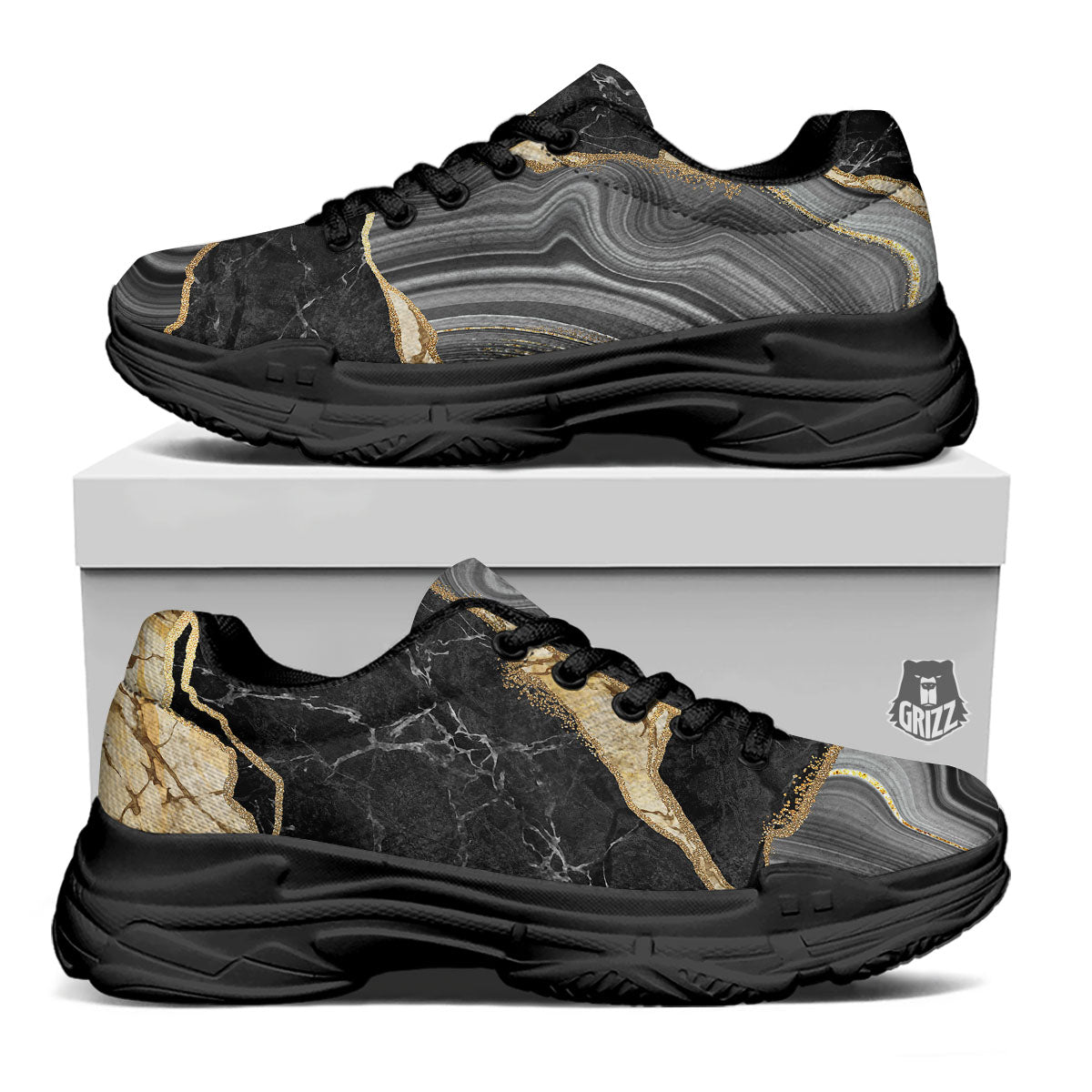 Marble Liquid Black Gold Print Black Chunky Shoes-grizzshop
