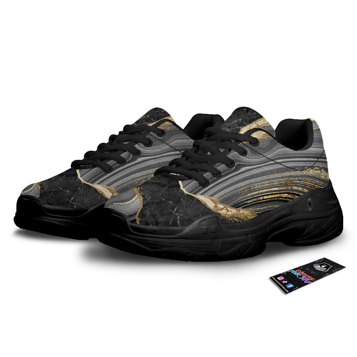 Marble Liquid Black Gold Print Black Chunky Shoes-grizzshop