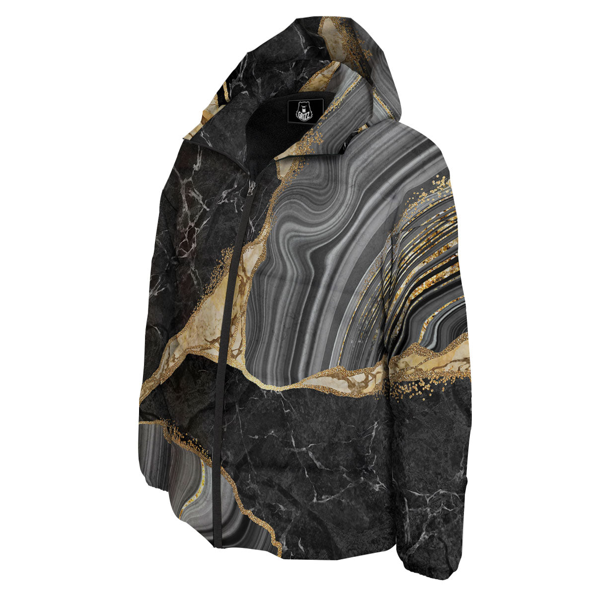 Marble Liquid Black Gold Print Down Jacket-grizzshop