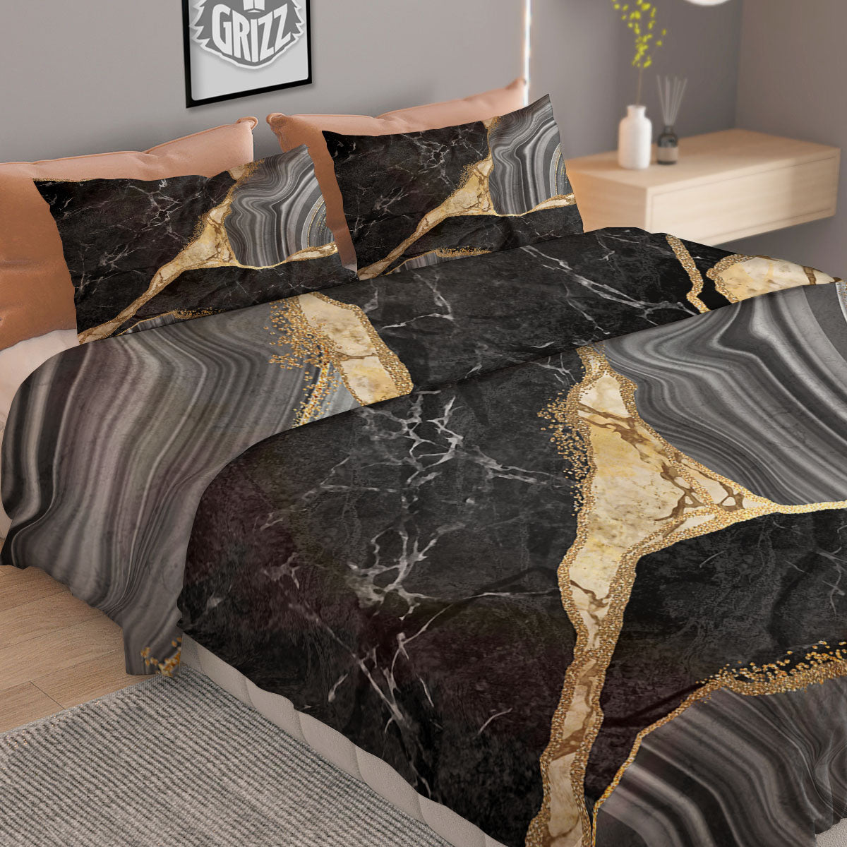 Marble Liquid Black Gold Print Duvet Cover Bedding Set