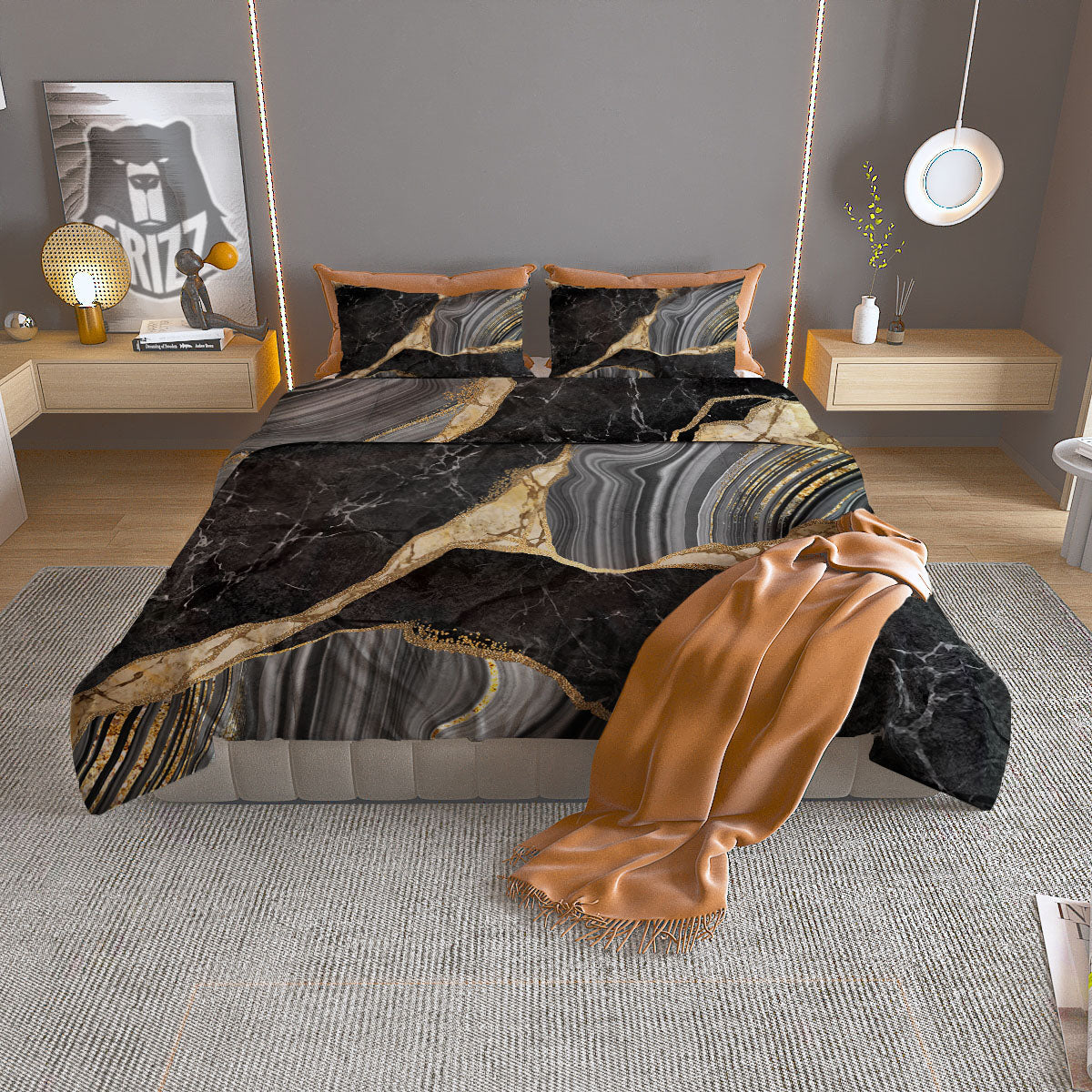 Marble Liquid Black Gold Print Duvet Cover Bedding Set