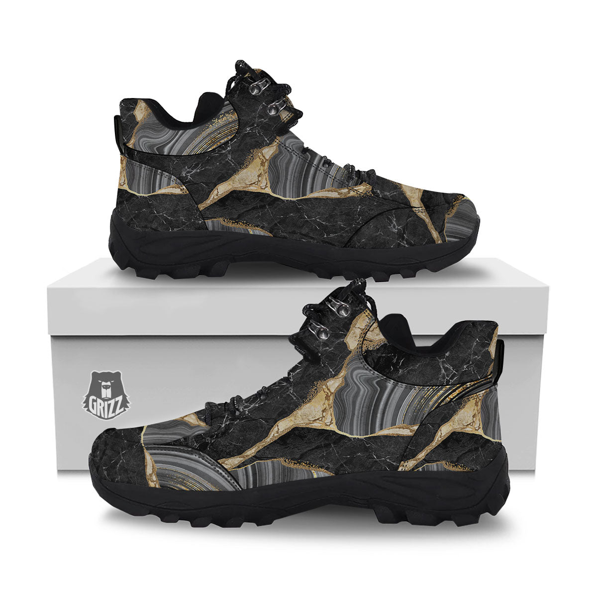 Marble Liquid Black Gold Print Hiking Shoes-grizzshop