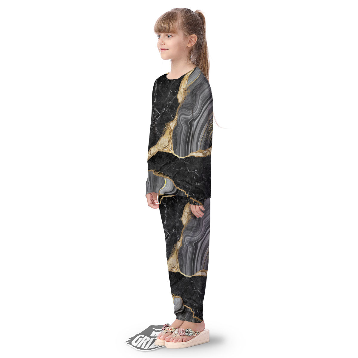 Marble Liquid Black Gold Print Kid's Pajamas-grizzshop