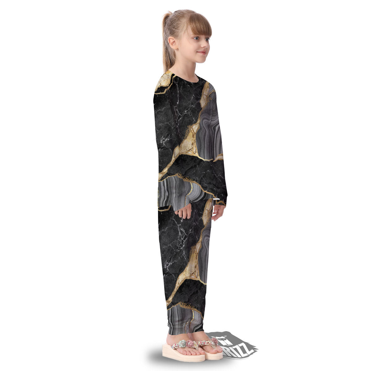 Marble Liquid Black Gold Print Kid's Pajamas-grizzshop