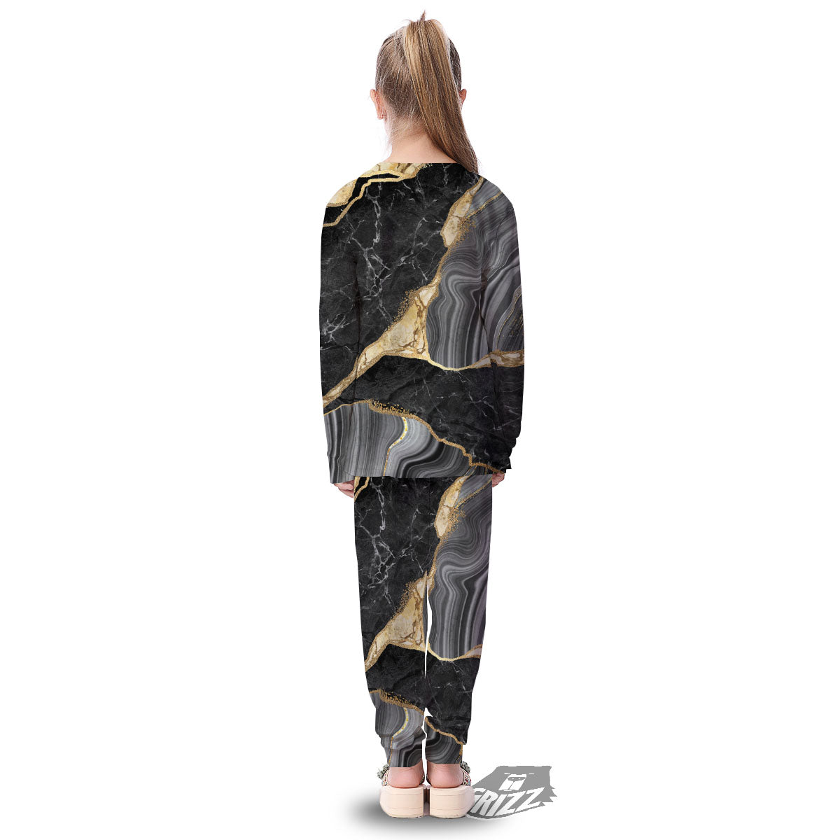 Marble Liquid Black Gold Print Kid's Pajamas-grizzshop