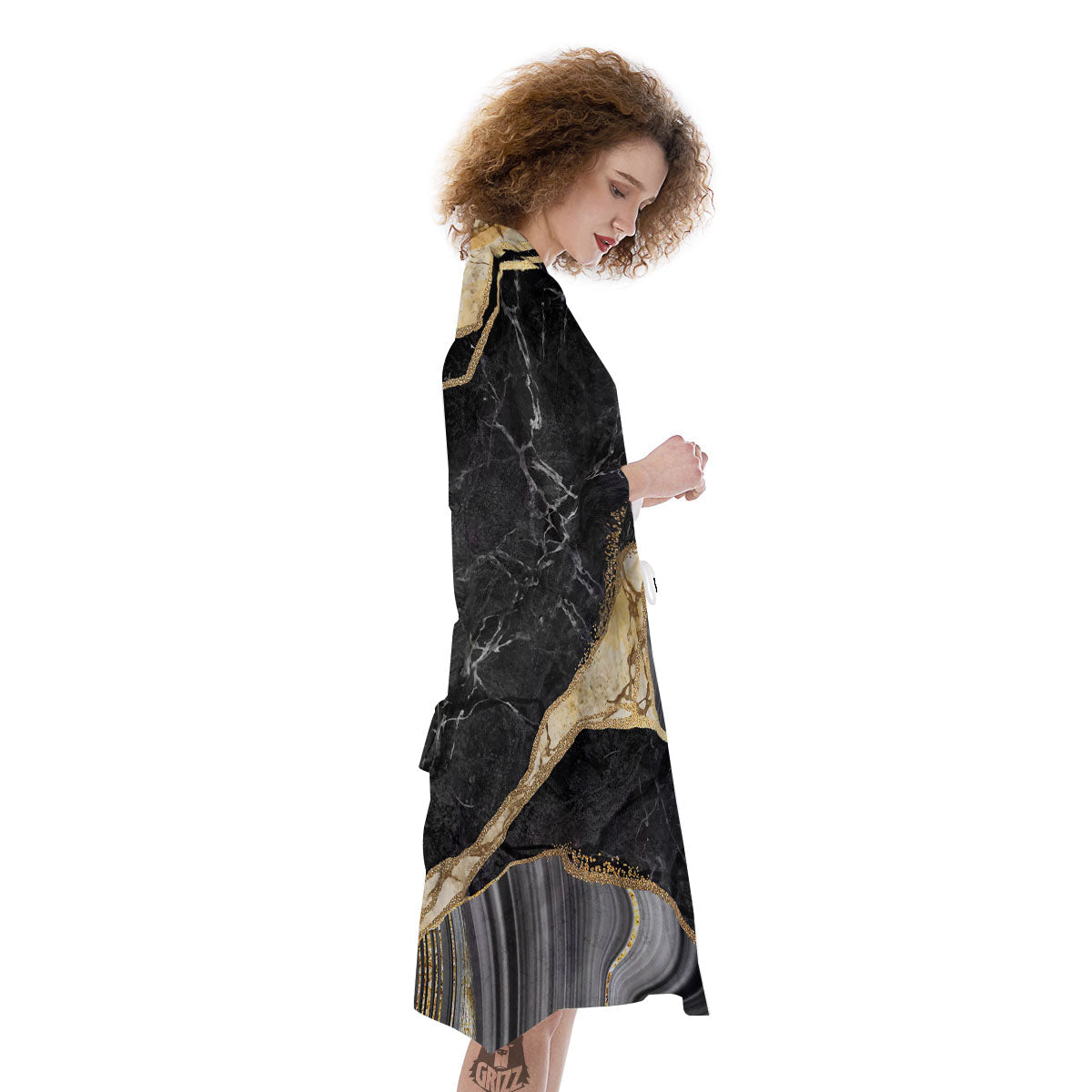 Marble Liquid Black Gold Print Kimono-grizzshop
