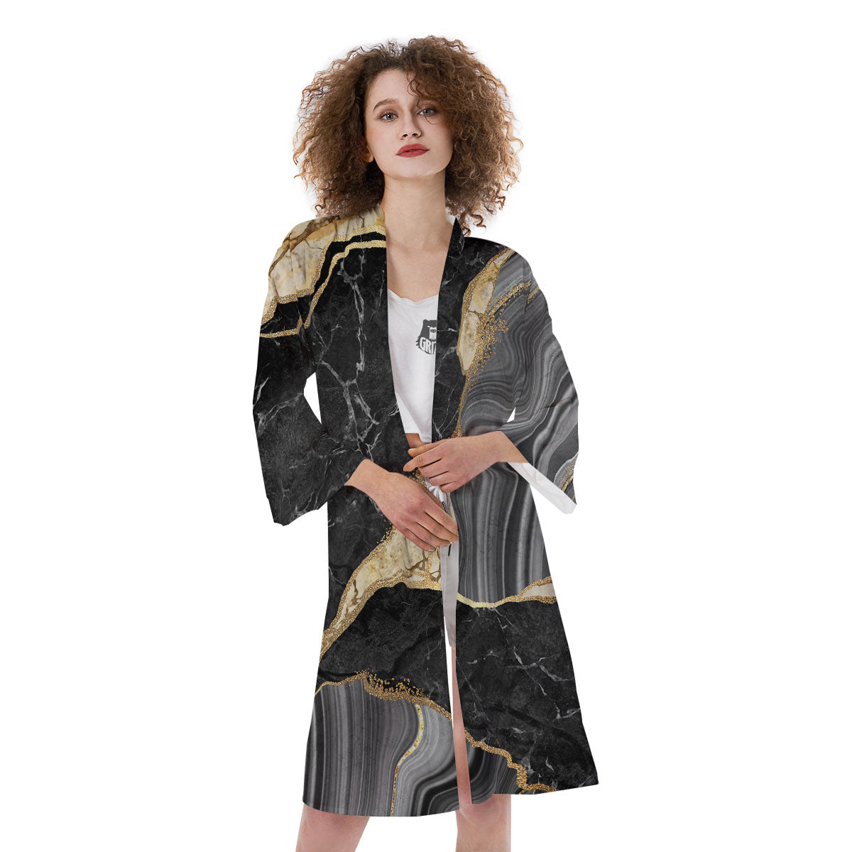 Marble Liquid Black Gold Print Kimono-grizzshop