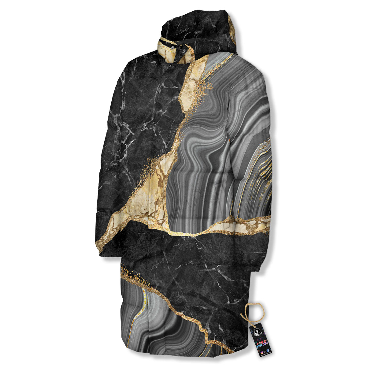 Marble Liquid Black Gold Print Long Down Jacket-grizzshop