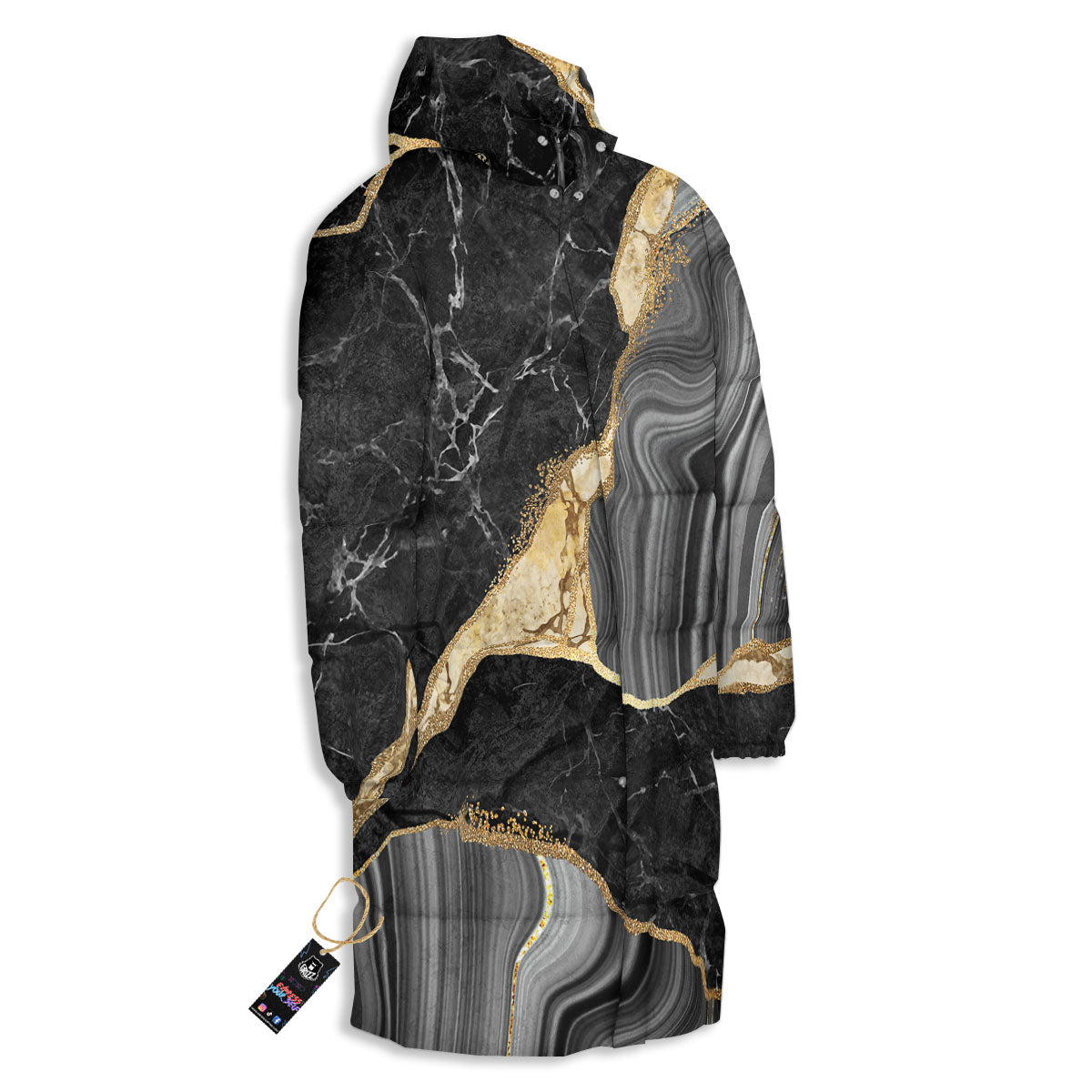 Marble Liquid Black Gold Print Long Down Jacket-grizzshop