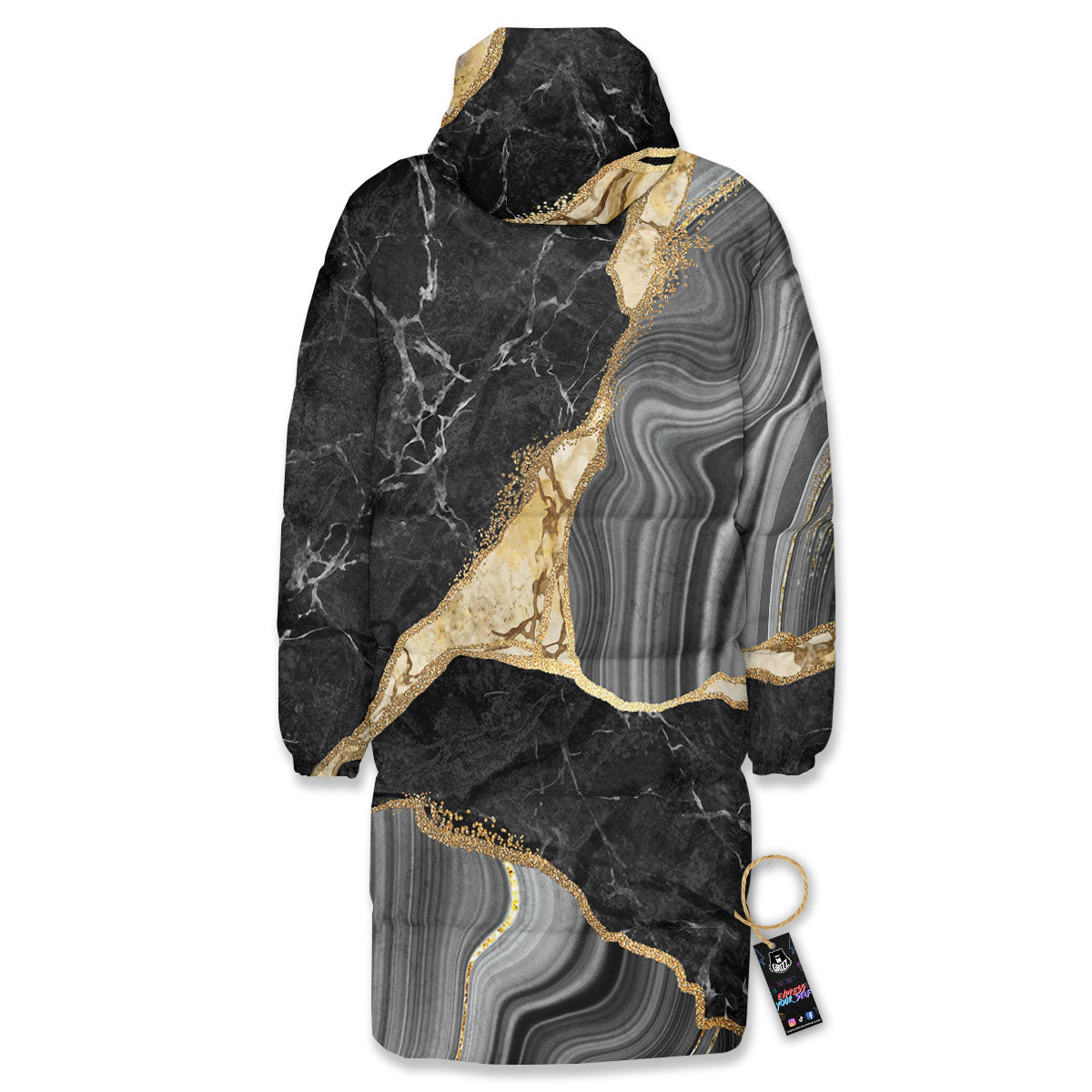 Marble Liquid Black Gold Print Long Down Jacket-grizzshop