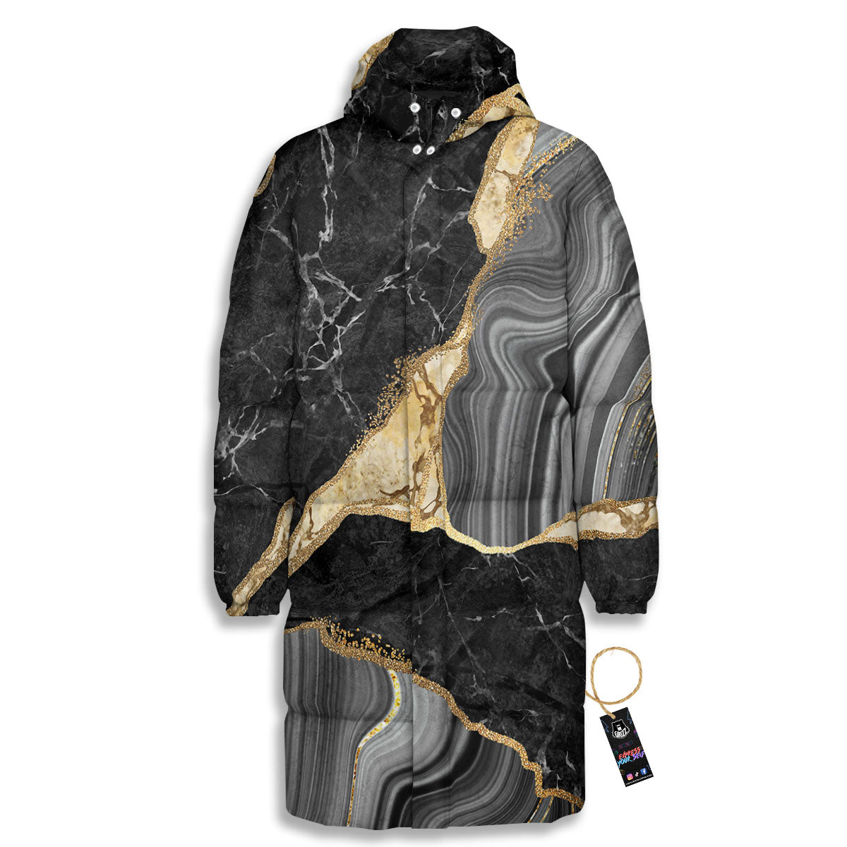 Marble Liquid Black Gold Print Long Down Jacket-grizzshop