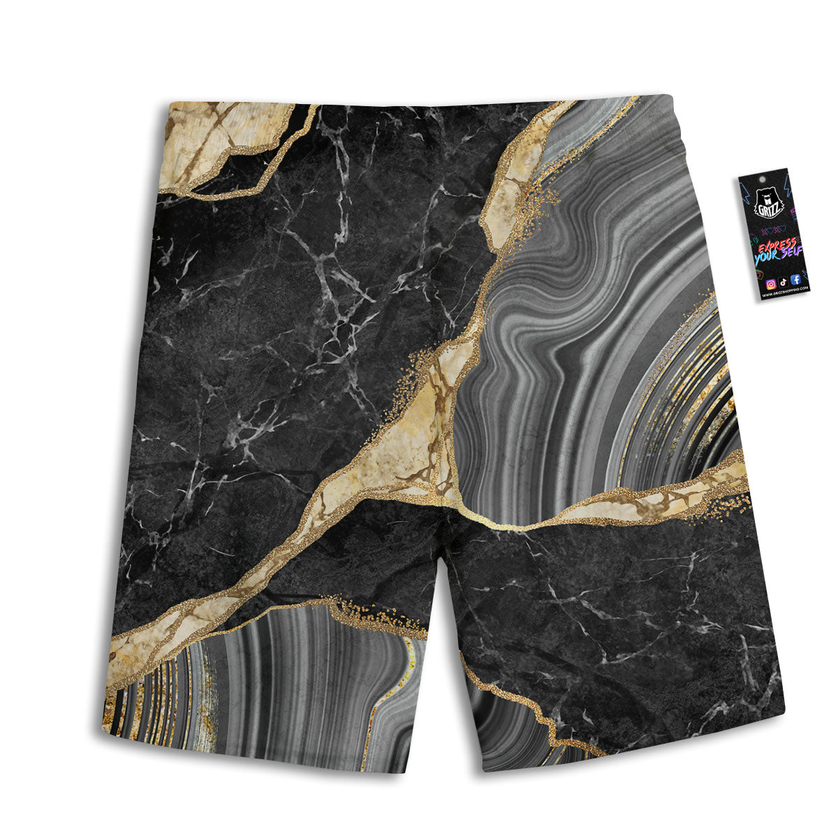 Marble Liquid Black Gold Print Men's Athletic Shorts