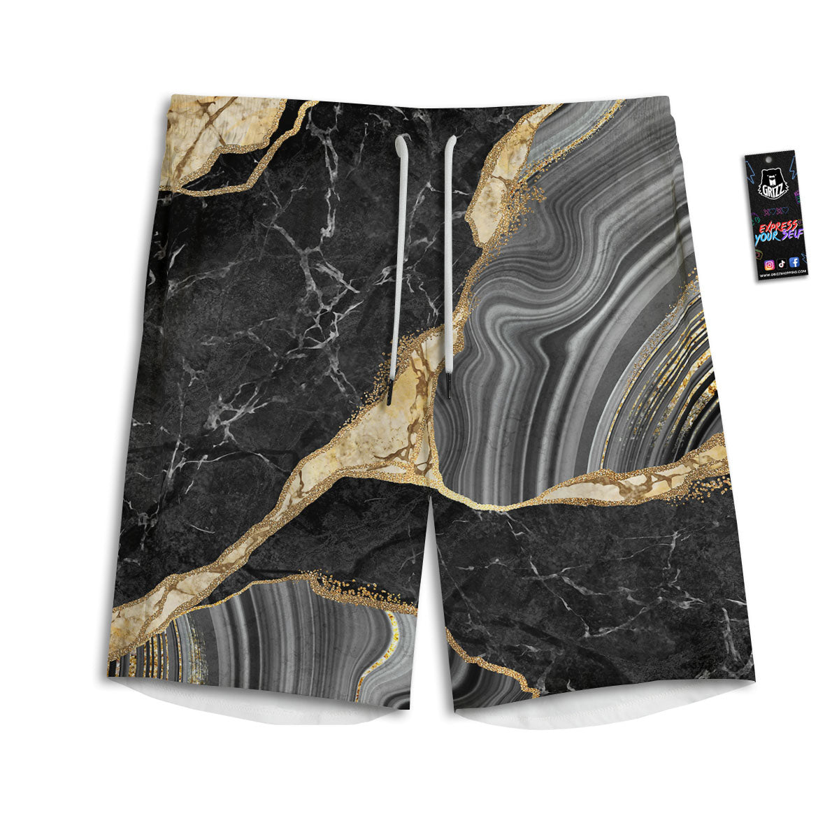 Marble Liquid Black Gold Print Men's Athletic Shorts