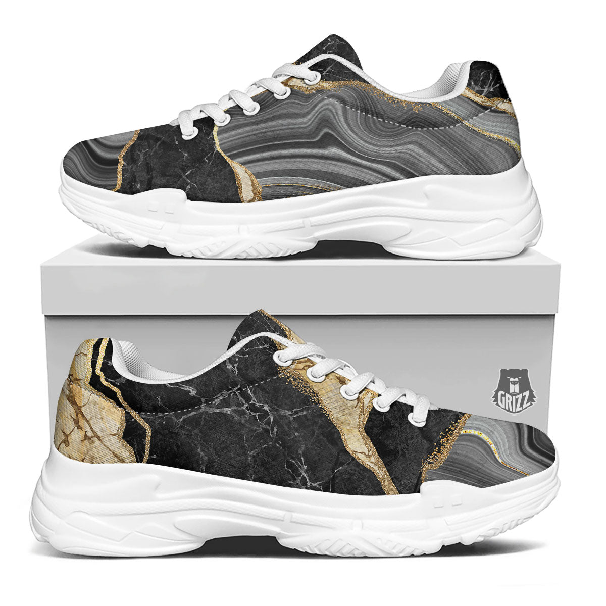 Marble Liquid Black Gold Print White Chunky Shoes-grizzshop