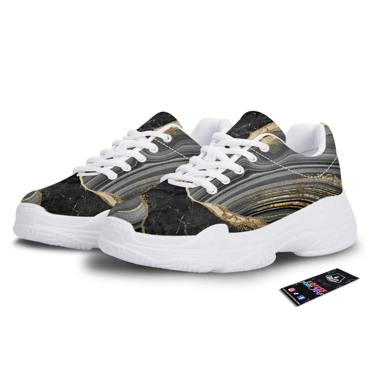 Marble Liquid Black Gold Print White Chunky Shoes-grizzshop
