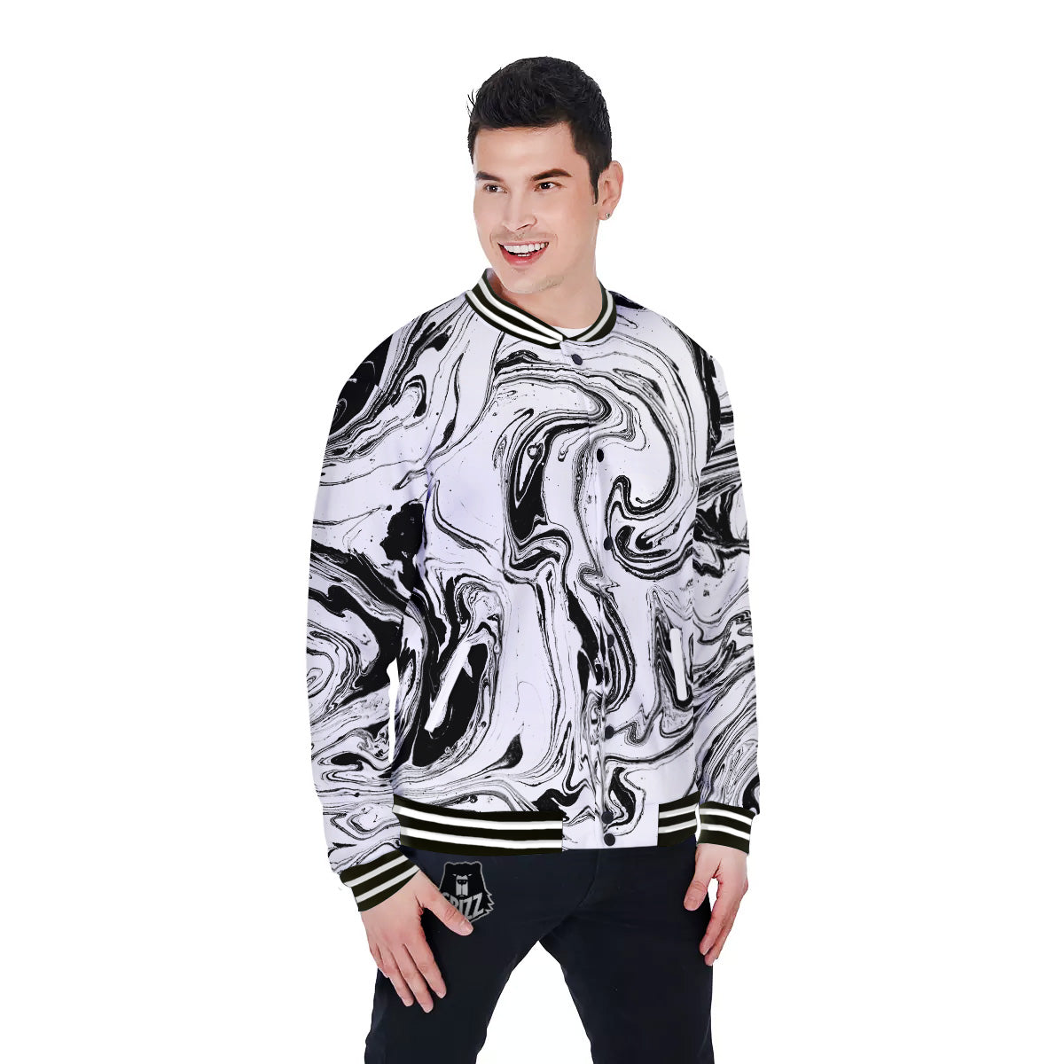Marble Liquid Black White Print Baseball Jacket-grizzshop
