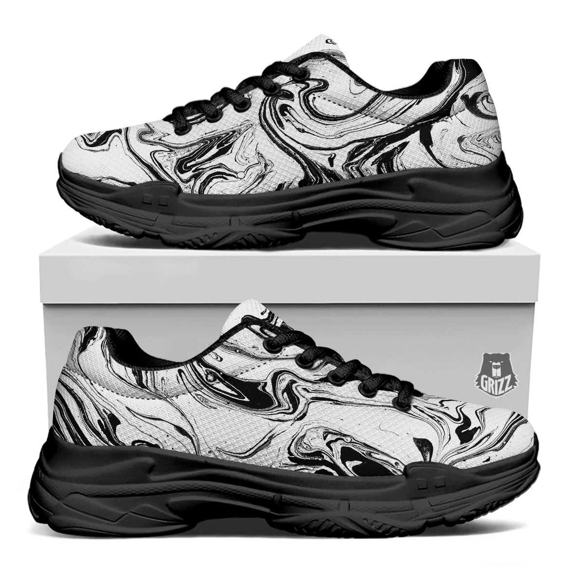 Marble Liquid Black White Print Black Chunky Shoes-grizzshop
