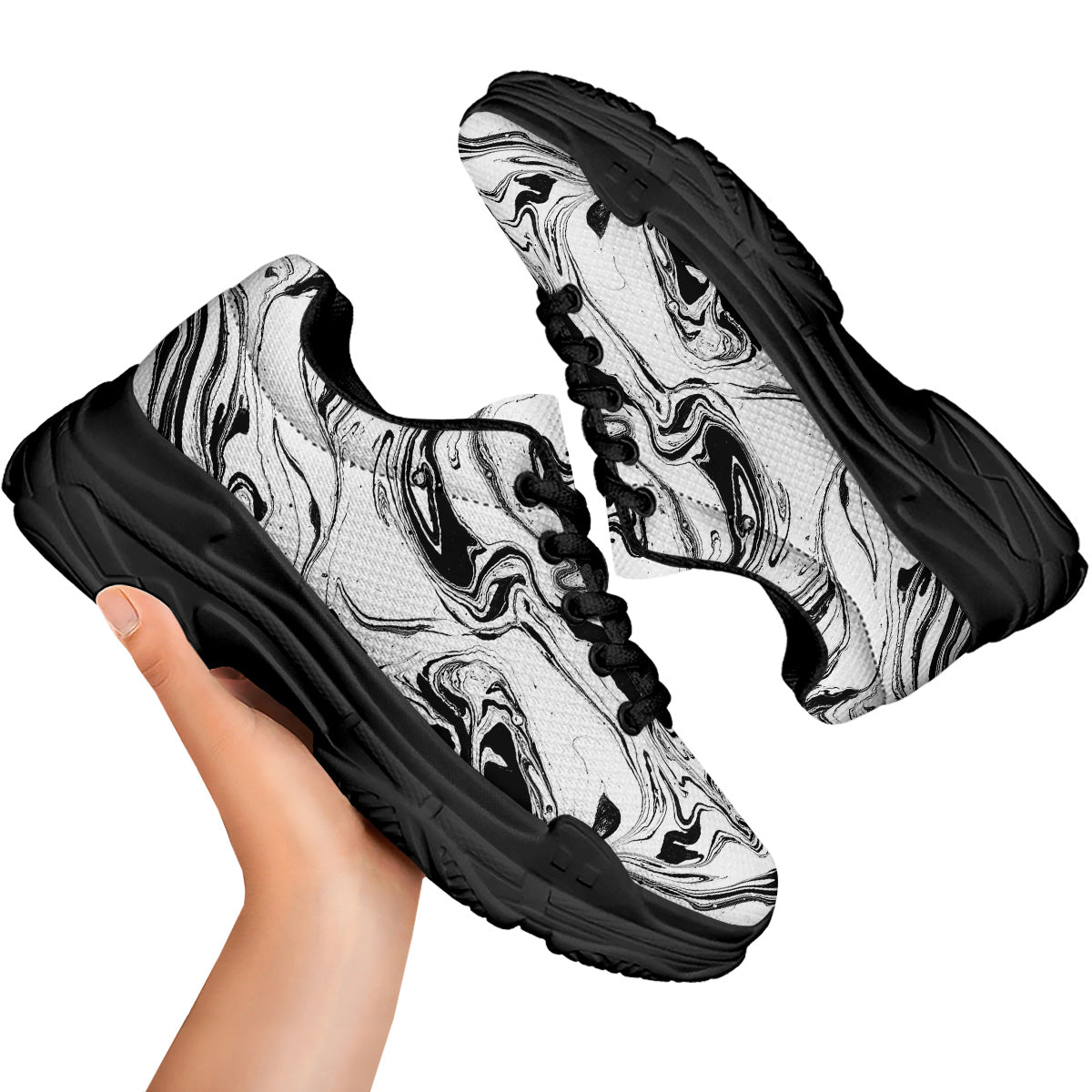 Marble Liquid Black White Print Black Chunky Shoes-grizzshop
