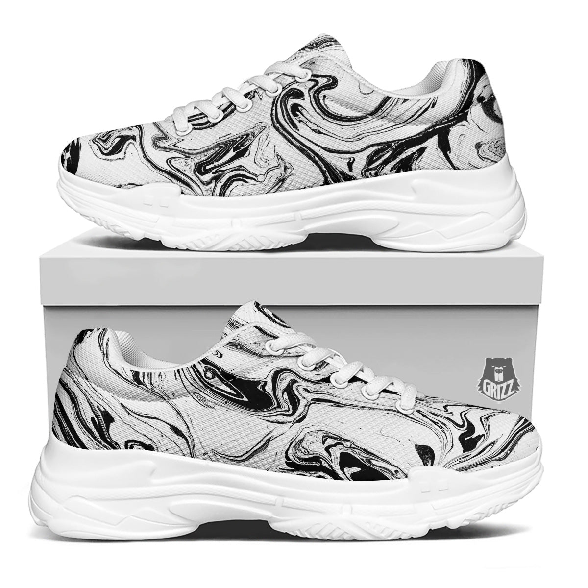 Marble Liquid Black White Print White Chunky Shoes-grizzshop
