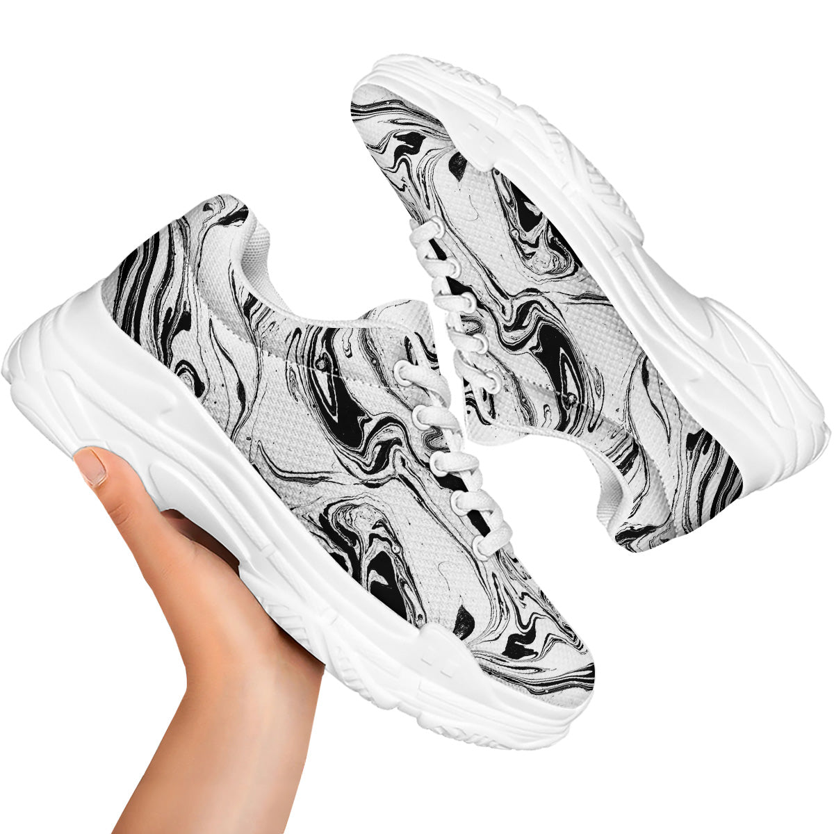 Marble Liquid Black White Print White Chunky Shoes-grizzshop