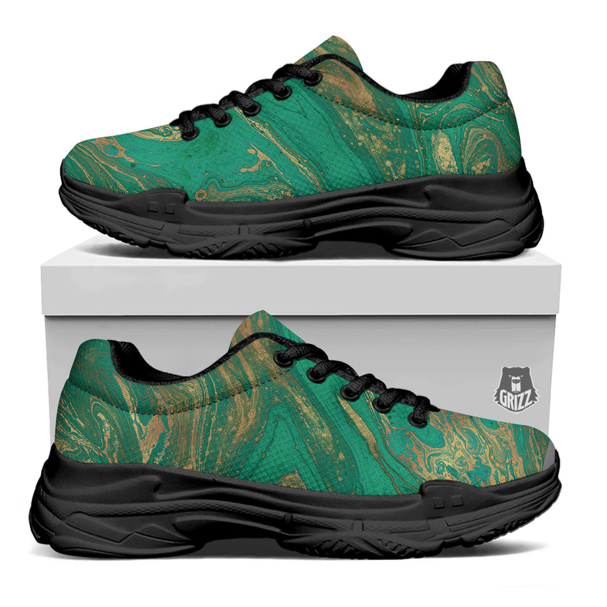 Marble Liquid Green Gold Print Black Chunky Shoes-grizzshop